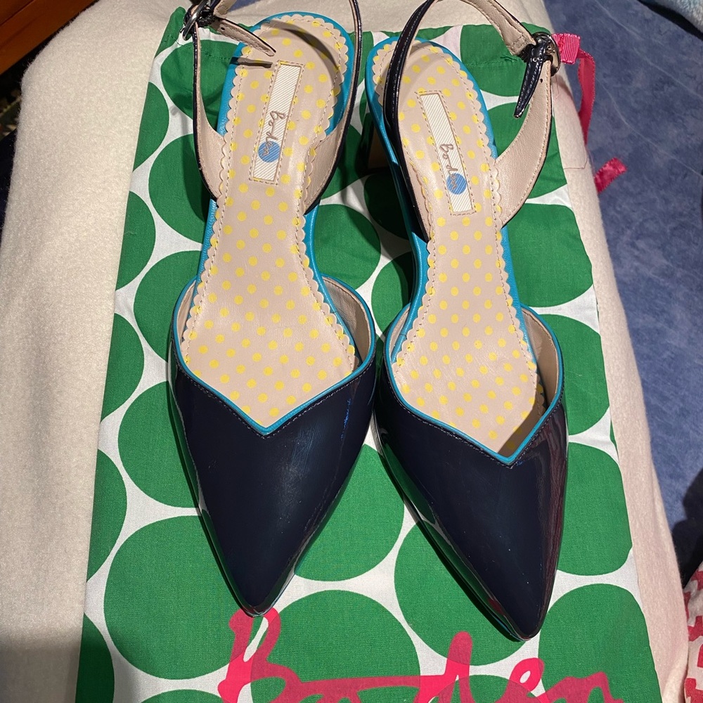 Boden patent navy with turquoise trim real leather slingback shoe Euro size 39